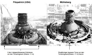 Verschiedene Containments während der Bauphase. Links ein US-Reaktor, bei welchem die Birne und der Torus schon stehen. Man sieht gut die vier Eckräume. Im rechten Bild von Mühleberg fehlen diese Eckräume, sie sind durch den sichtbaren Graben um den Torus verhindert.1 (Der Torus selbst ist schon durch die nächste Etage abgedeckt.)