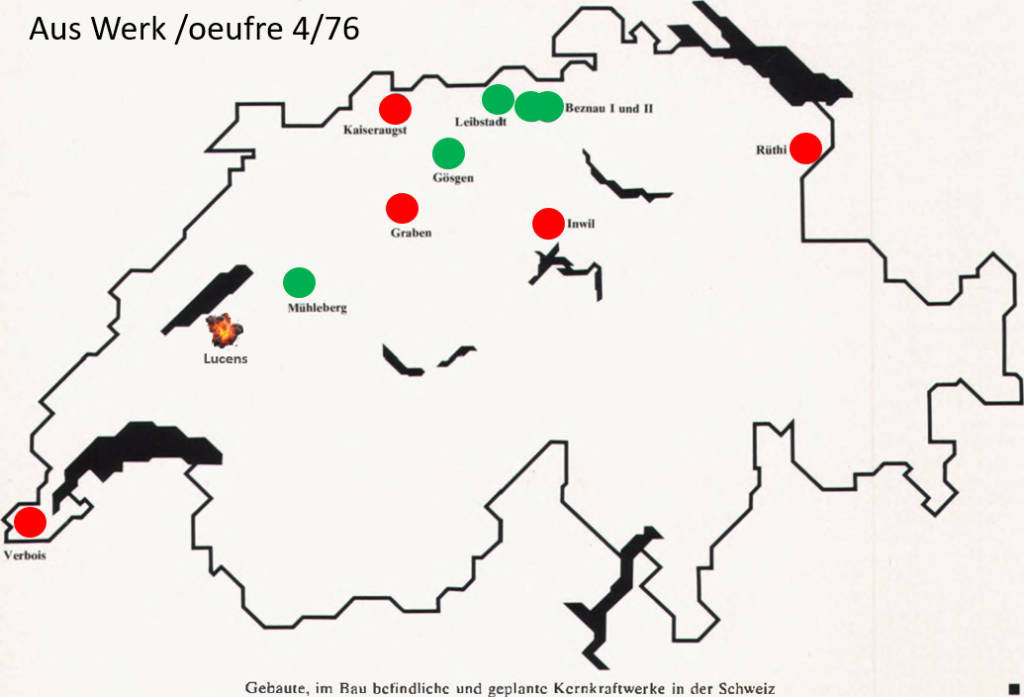 1976 waren in der Schweiz 10 AKW in Planung. So weit kam es nicht, auch deshalb weil bereits zuvor das AKW Lucens als eines der ersten AKW Weltweit eine Teil-Kernschmelze erlitt.